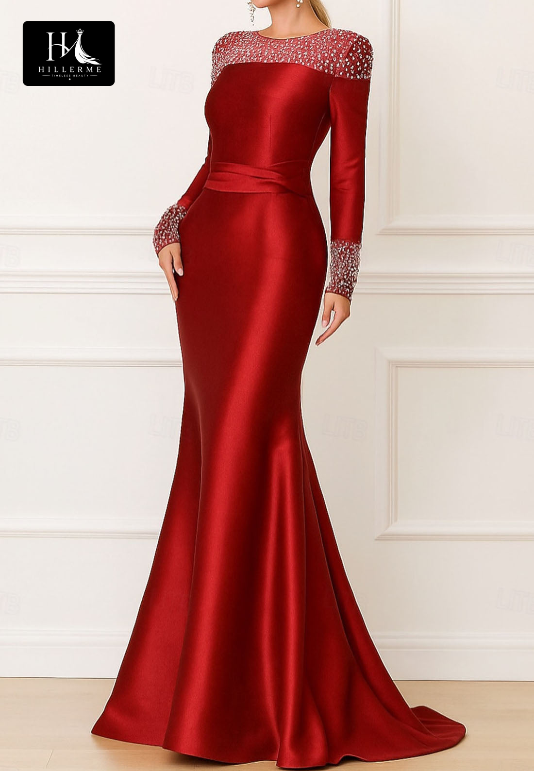 Scoop-Neck Beaded Floor-Length Mermaid Satin Mother of the Bride Evening Gown with Long Sleeves