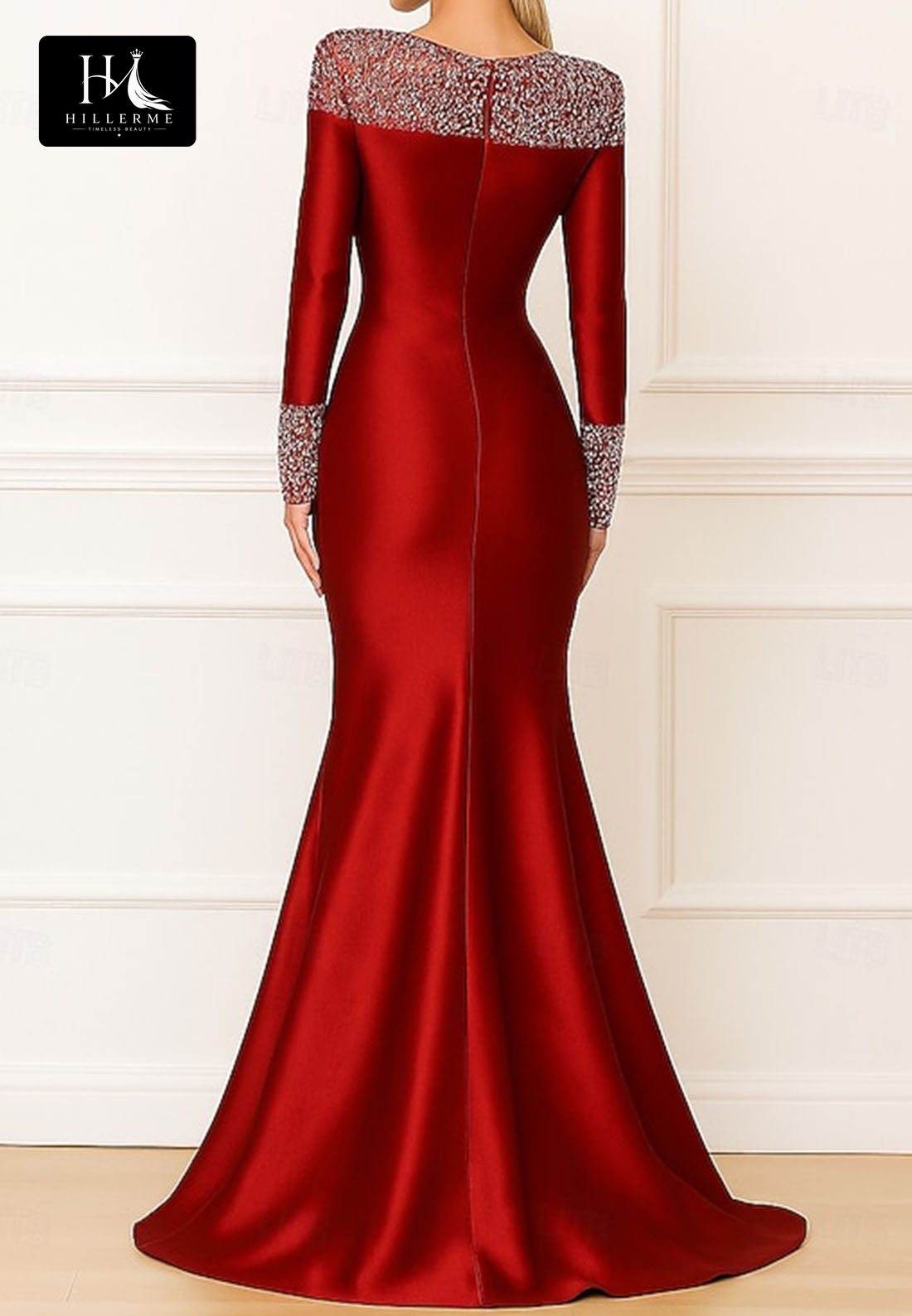 Scoop-Neck Beaded Floor-Length Mermaid Satin Mother of the Bride Evening Gown with Long Sleeves