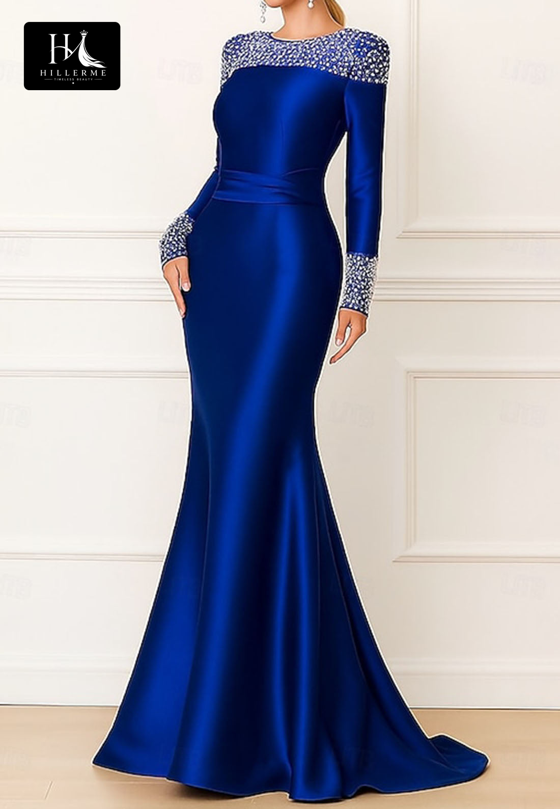 Scoop-Neck Beaded Floor-Length Mermaid Satin Mother of the Bride Evening Gown with Long Sleeves