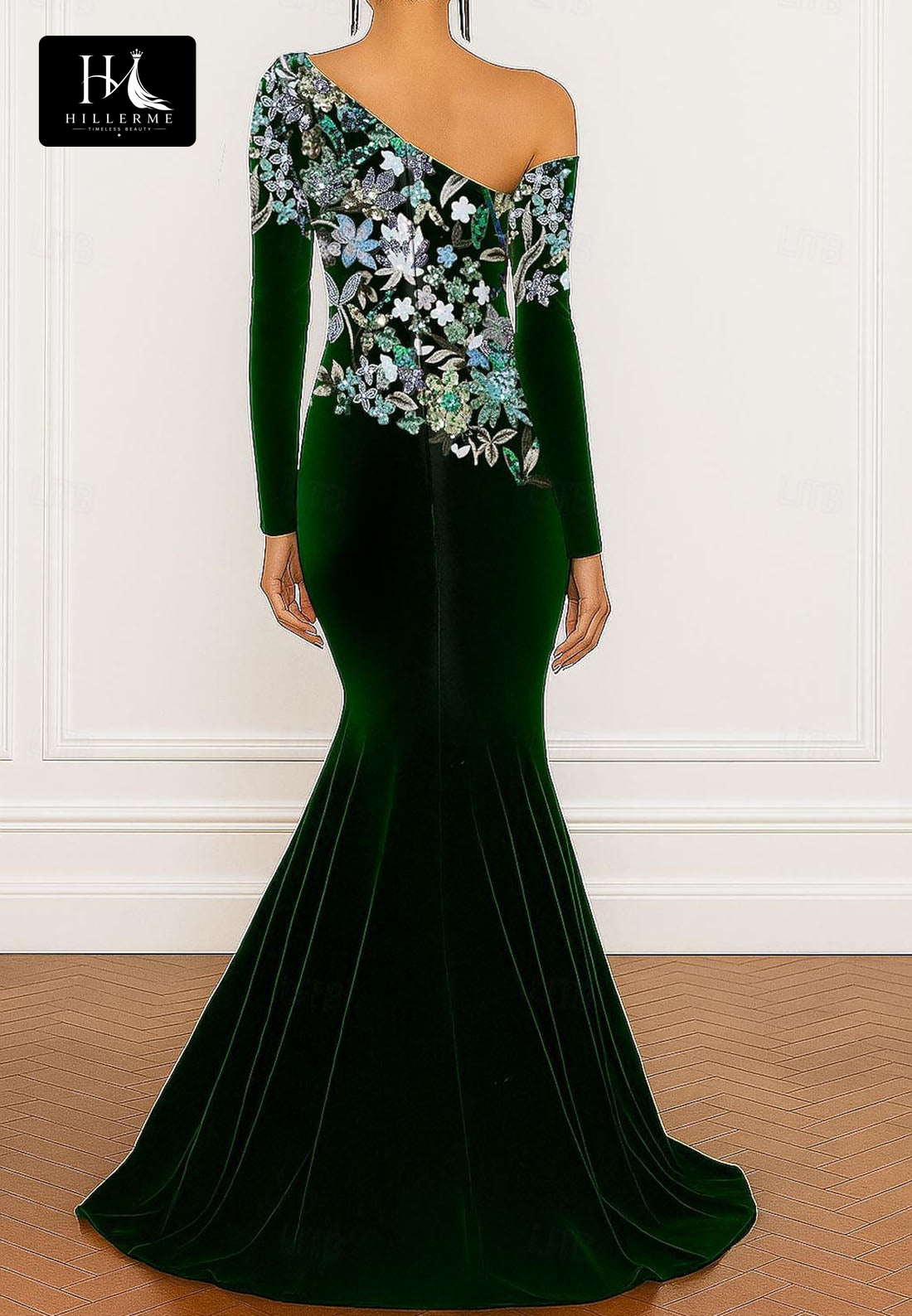 Asymmetrical-Neck Long-Sleeve Mermaid Evening Gown with Sequined Floral Velvet for Mother of the Bride