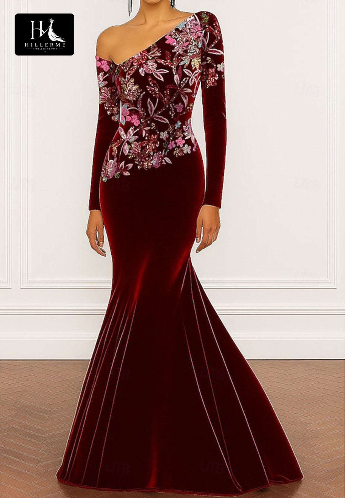 Asymmetrical-Neck Long-Sleeve Mermaid Evening Gown with Sequined Floral Velvet for Mother of the Bride