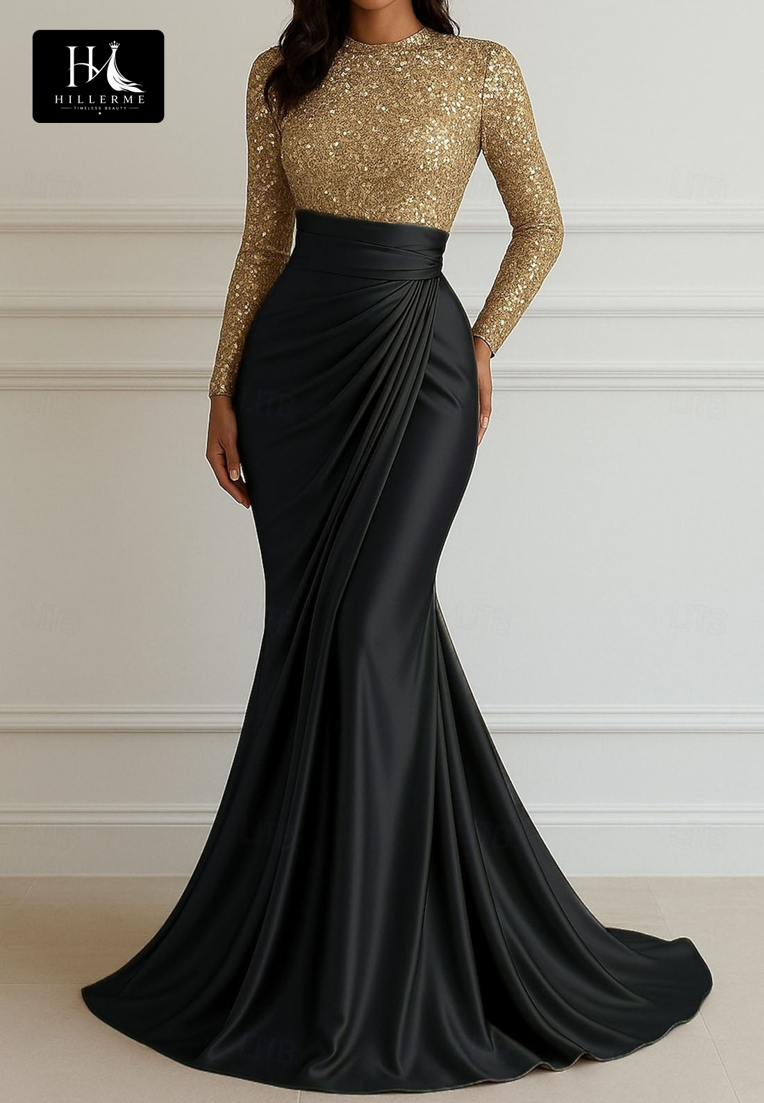 Scoop-Neck Long-Sleeve Mermaid Evening Gown with Sequined Pleated Satin for Mother of the Bride