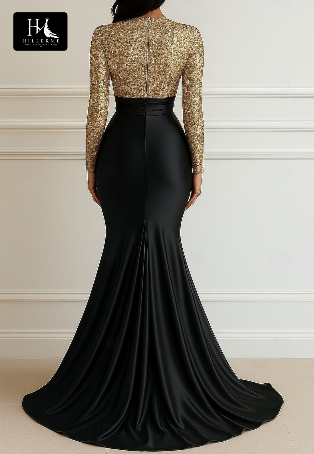 Scoop-Neck Long-Sleeve Mermaid Evening Gown with Sequined Pleated Satin for Mother of the Bride