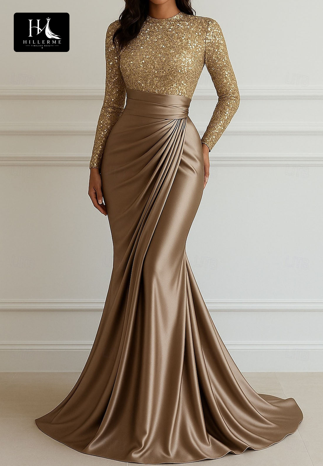 Scoop-Neck Long-Sleeve Mermaid Evening Gown with Sequined Pleated Satin for Mother of the Bride