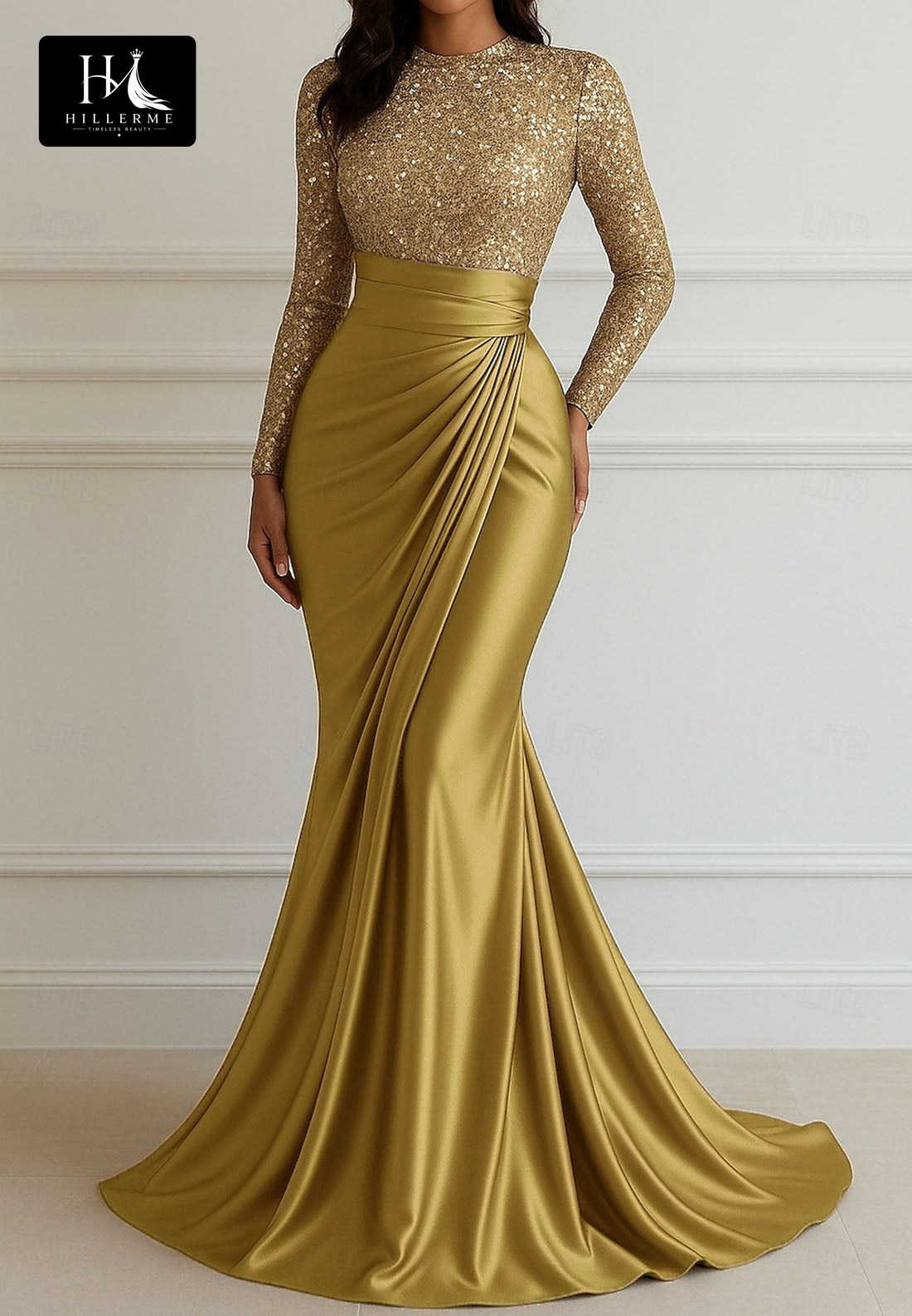 Scoop-Neck Long-Sleeve Mermaid Evening Gown with Sequined Pleated Satin for Mother of the Bride