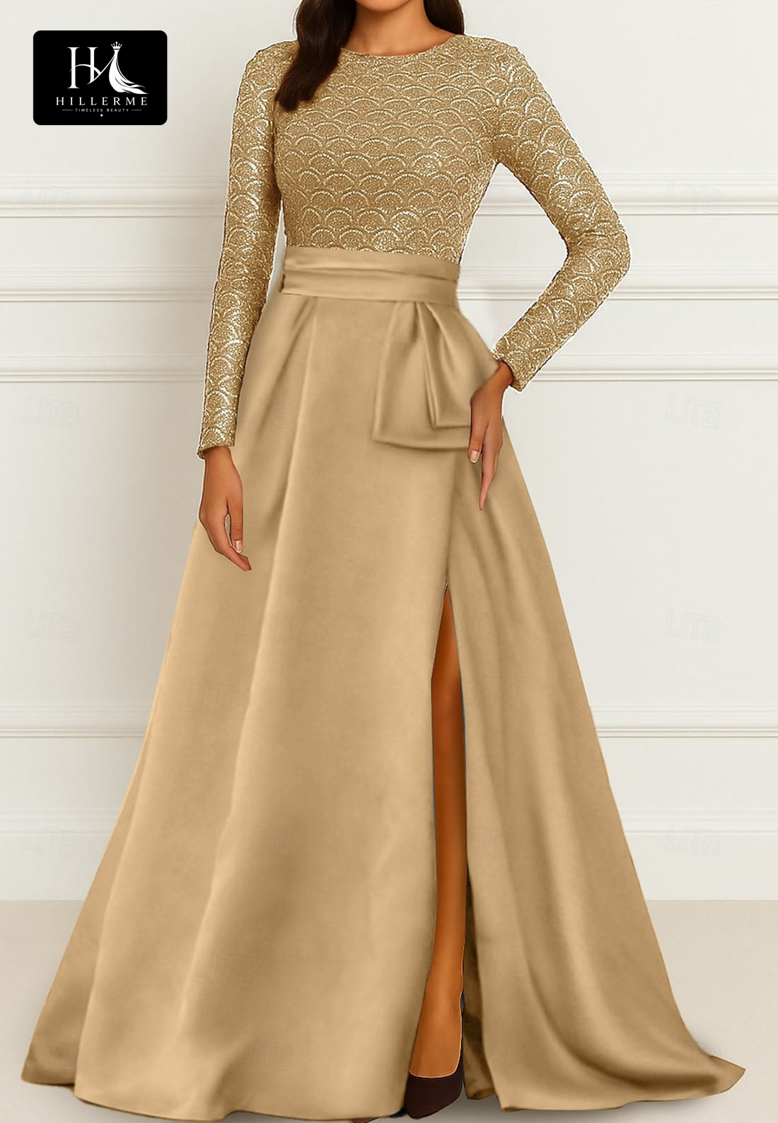 Scoop-Neck Long-Sleeve A-Line Evening Gown with Beaded Sequin Detailing for Mother of the Bride
