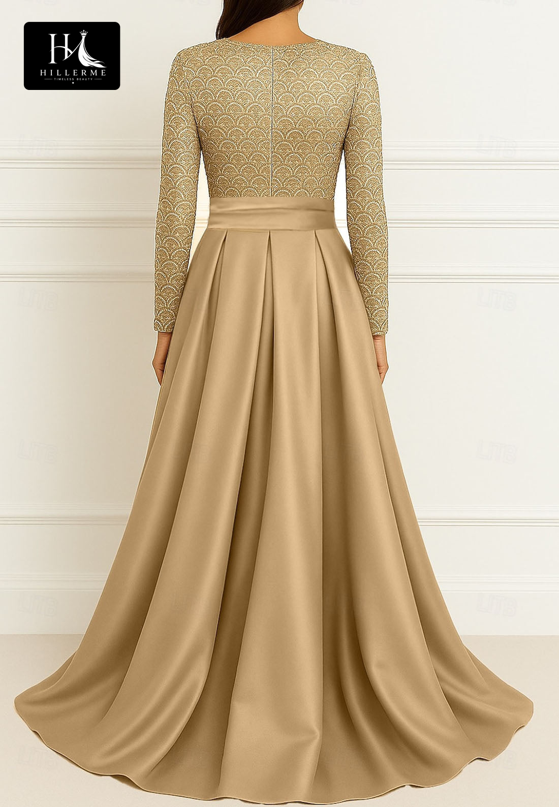 Scoop-Neck Long-Sleeve A-Line Evening Gown with Beaded Sequin Detailing for Mother of the Bride