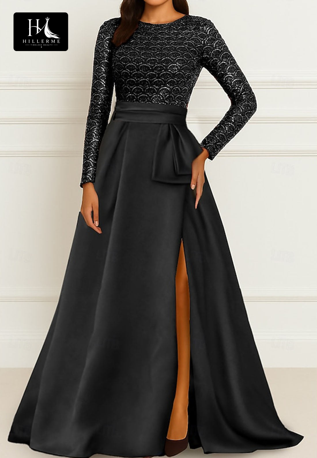 Scoop-Neck Long-Sleeve A-Line Evening Gown with Beaded Sequin Detailing for Mother of the Bride