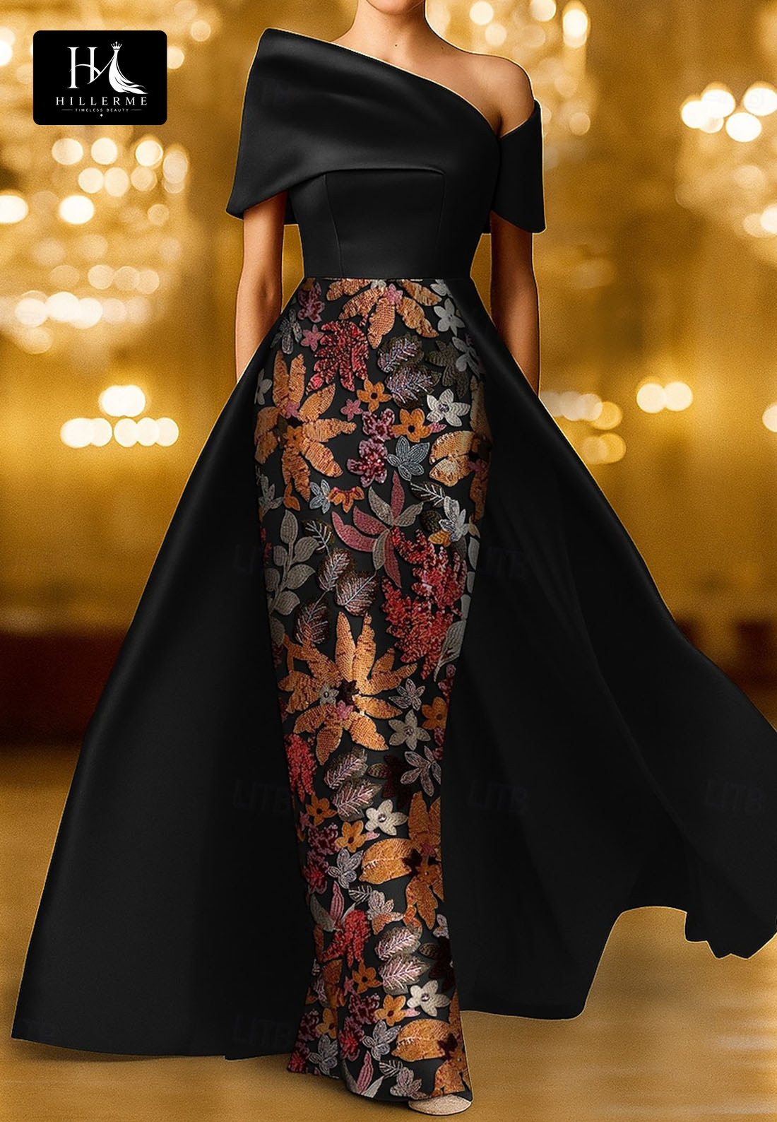 Sequined Floral Satin Mermaid Evening Gown with Off-Shoulder Asymmetrical Neckline for Mother of the Bride