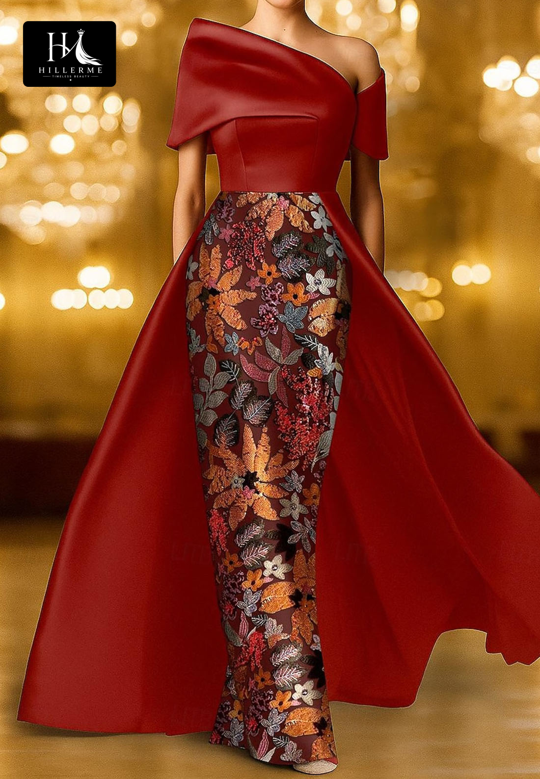 Sequined Floral Satin Mermaid Evening Gown with Off-Shoulder Asymmetrical Neckline for Mother of the Bride