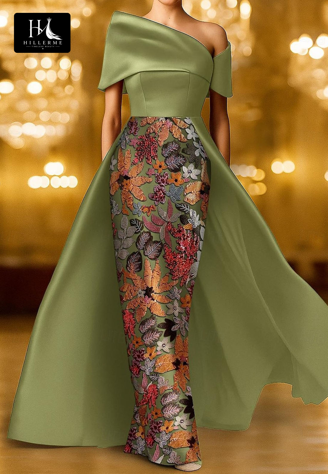 Sequined Floral Satin Mermaid Evening Gown with Off-Shoulder Asymmetrical Neckline for Mother of the Bride
