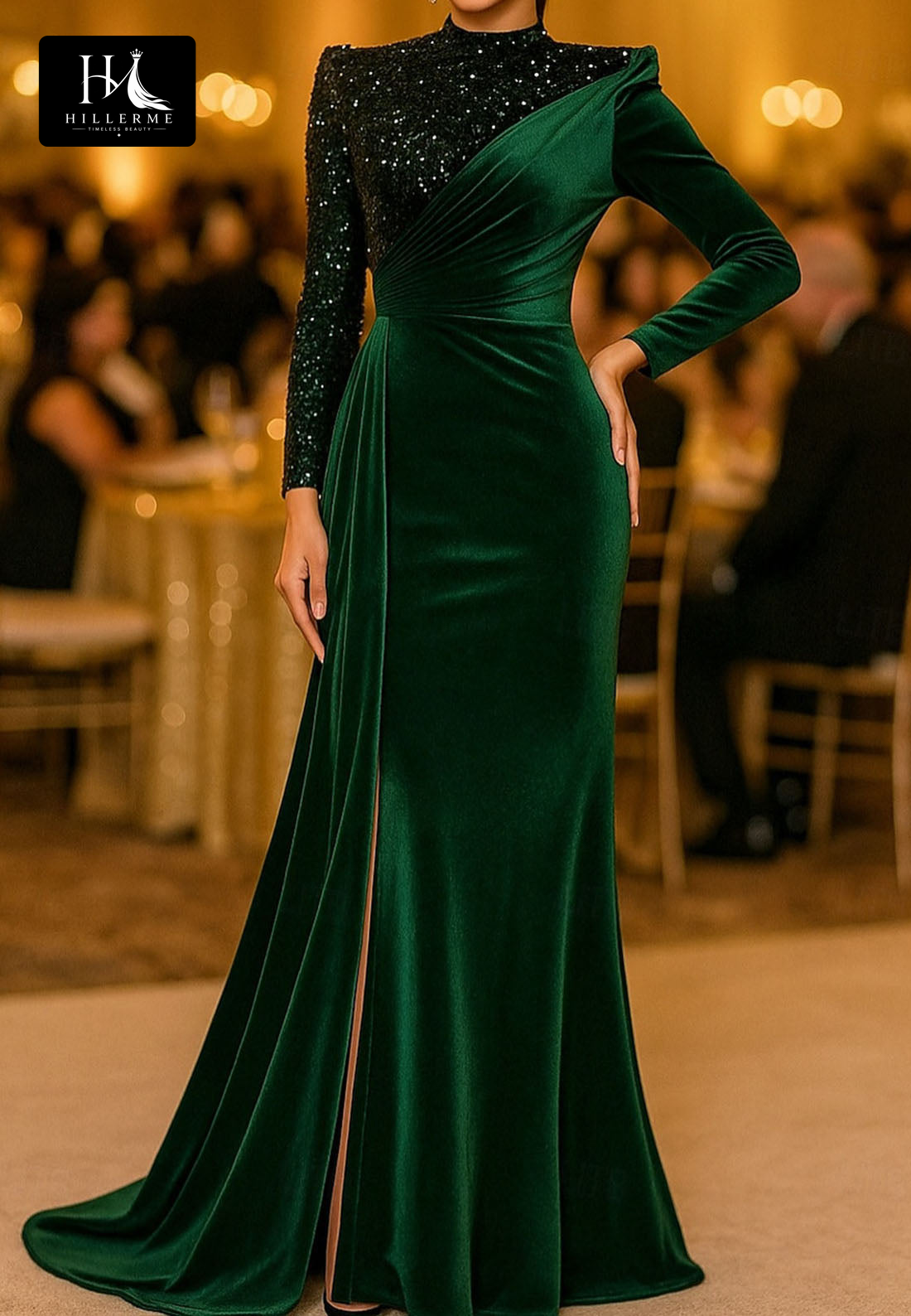 High-Neck Sequined Velvet Mermaid Evening Gown with Pleated Long Sleeves for Mother of the Bride