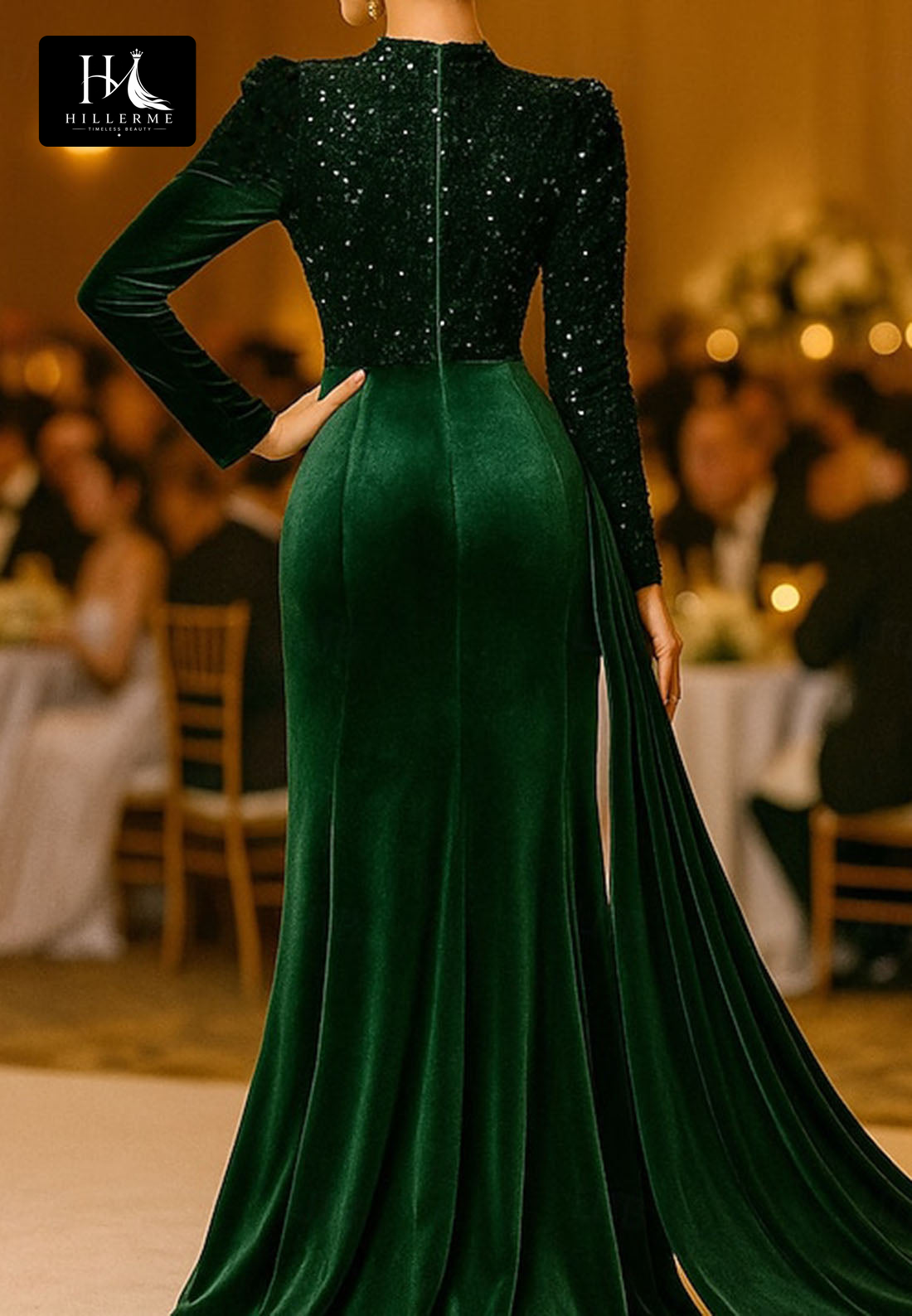 High-Neck Sequined Velvet Mermaid Evening Gown with Pleated Long Sleeves for Mother of the Bride