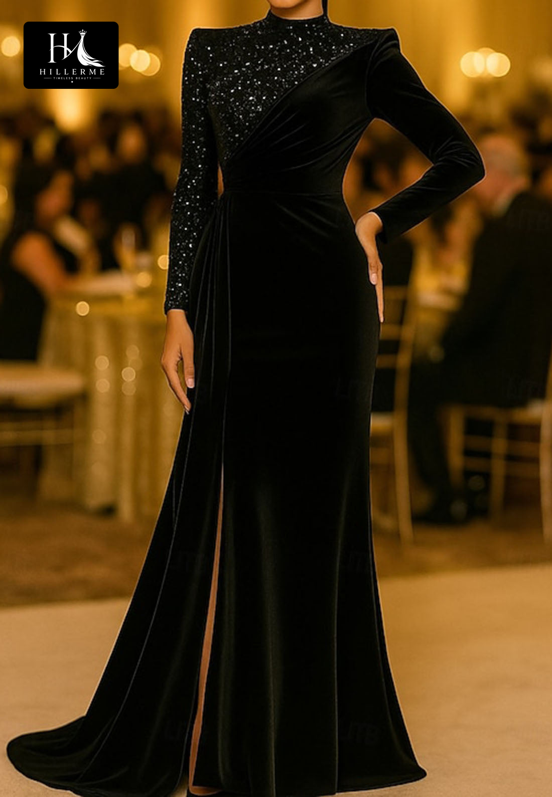 High-Neck Sequined Velvet Mermaid Evening Gown with Pleated Long Sleeves for Mother of the Bride