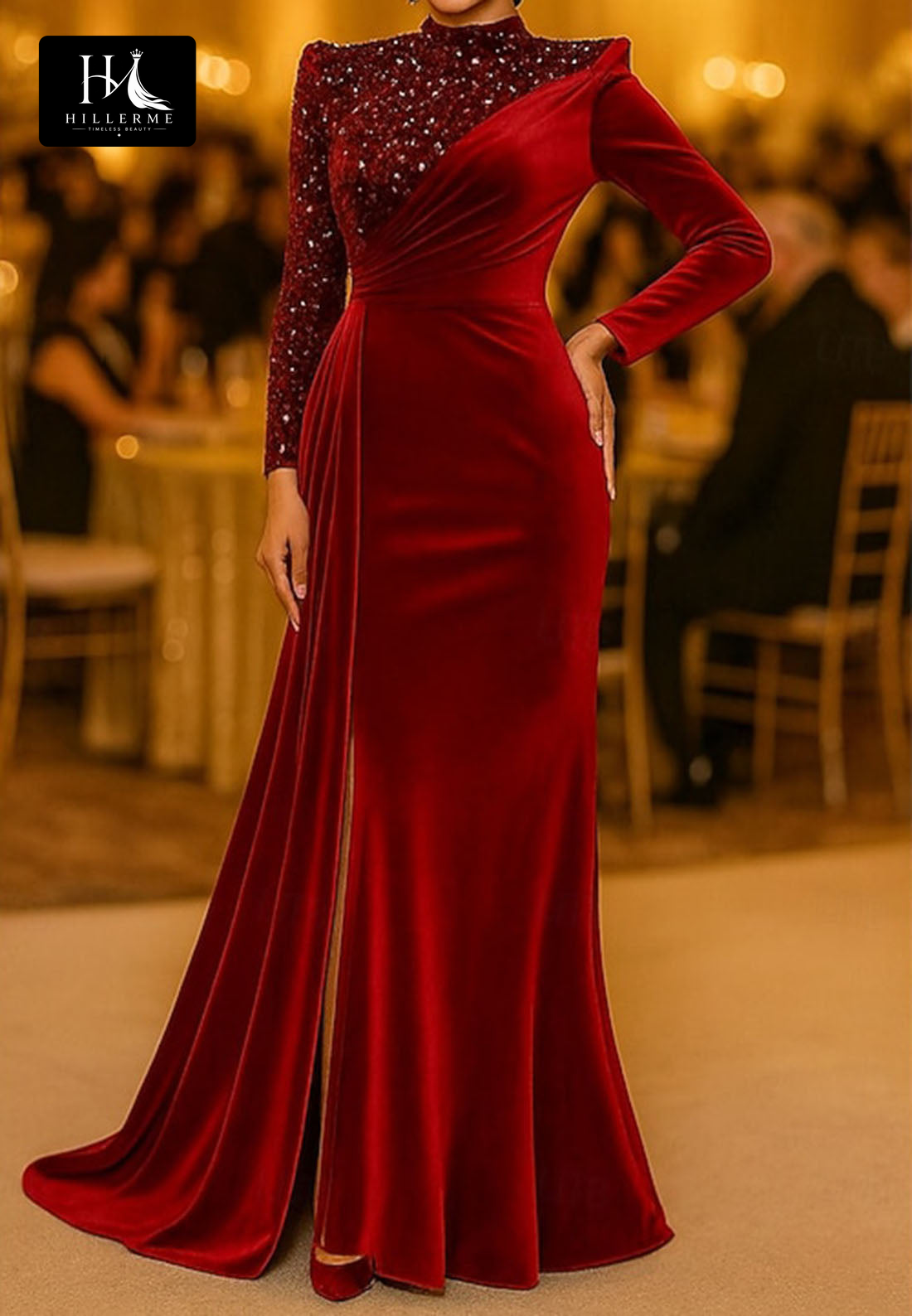 High-Neck Sequined Velvet Mermaid Evening Gown with Pleated Long Sleeves for Mother of the Bride
