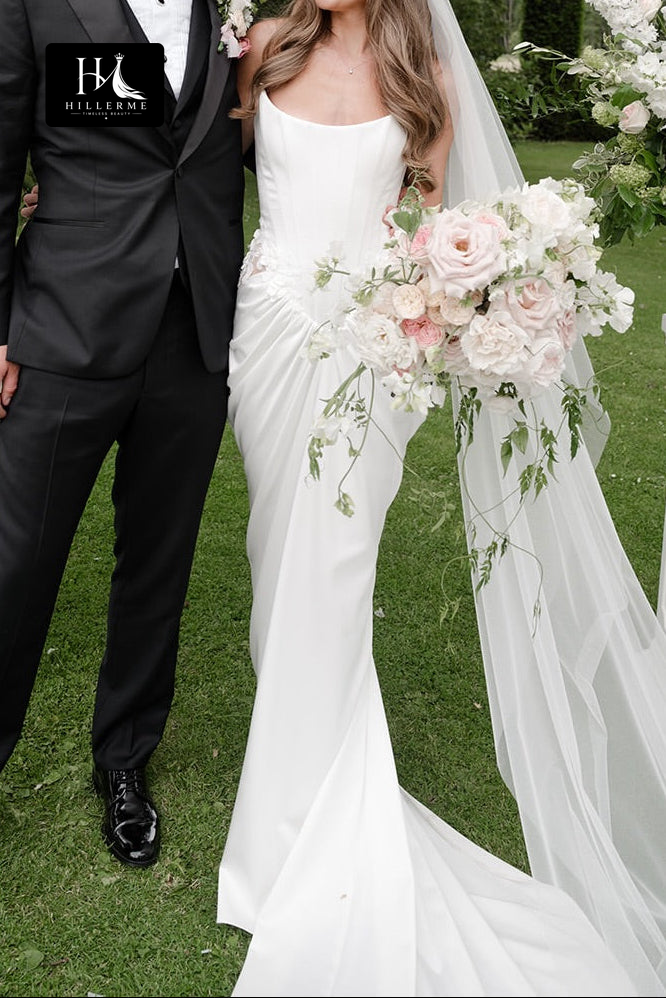Elegant Strapless Corset Bridal Gown with Asymmetrical Ruched Skirt and Sweep Train