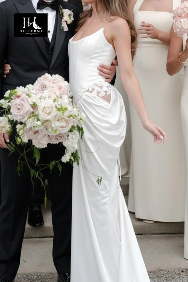 Elegant Strapless Corset Bridal Gown with Asymmetrical Ruched Skirt and Sweep Train