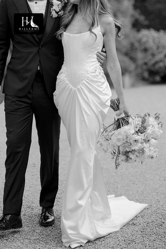Elegant Strapless Corset Bridal Gown with Asymmetrical Ruched Skirt and Sweep Train