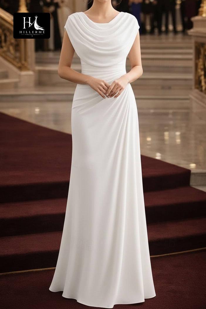Elegant Cowl-Neck Sheath Dress with Side Pleating and Cap Sleeves