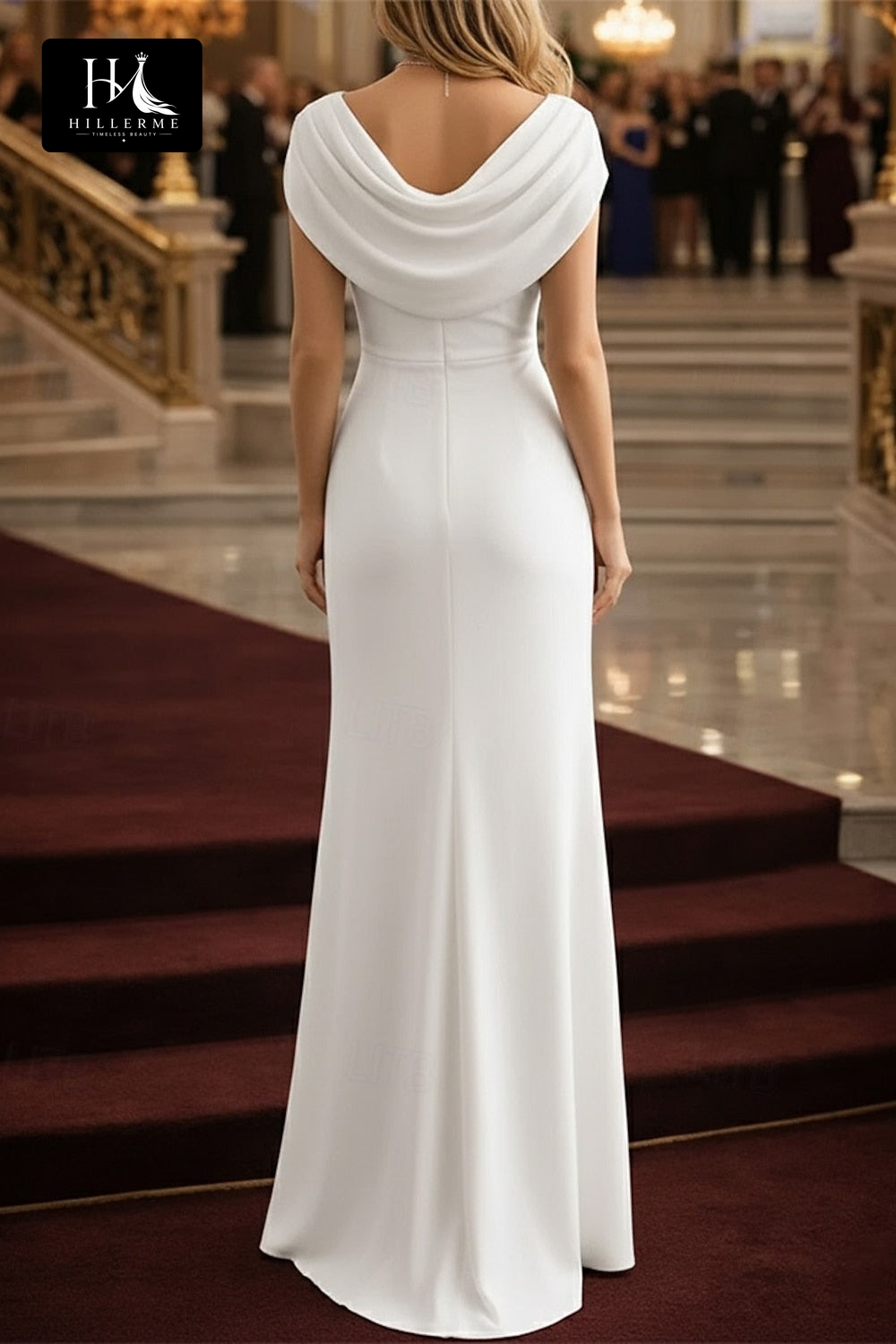 Elegant Cowl-Neck Sheath Dress with Side Pleating and Cap Sleeves