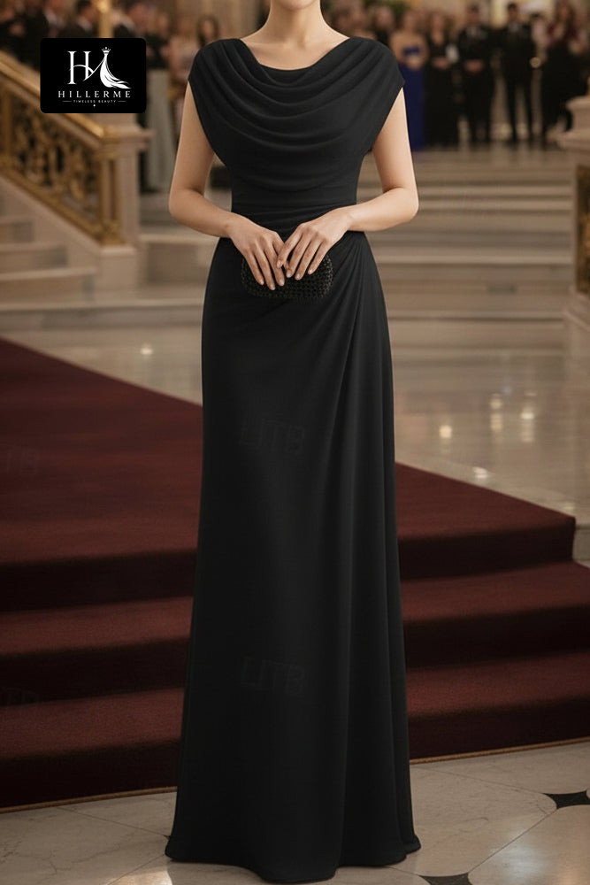 Elegant Cowl-Neck Sheath Dress with Side Pleating and Cap Sleeves