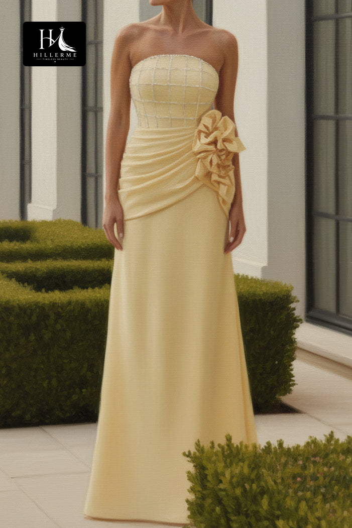 Elegant Strapless Gown with 3D Floral Accent and Pearl Embellishments