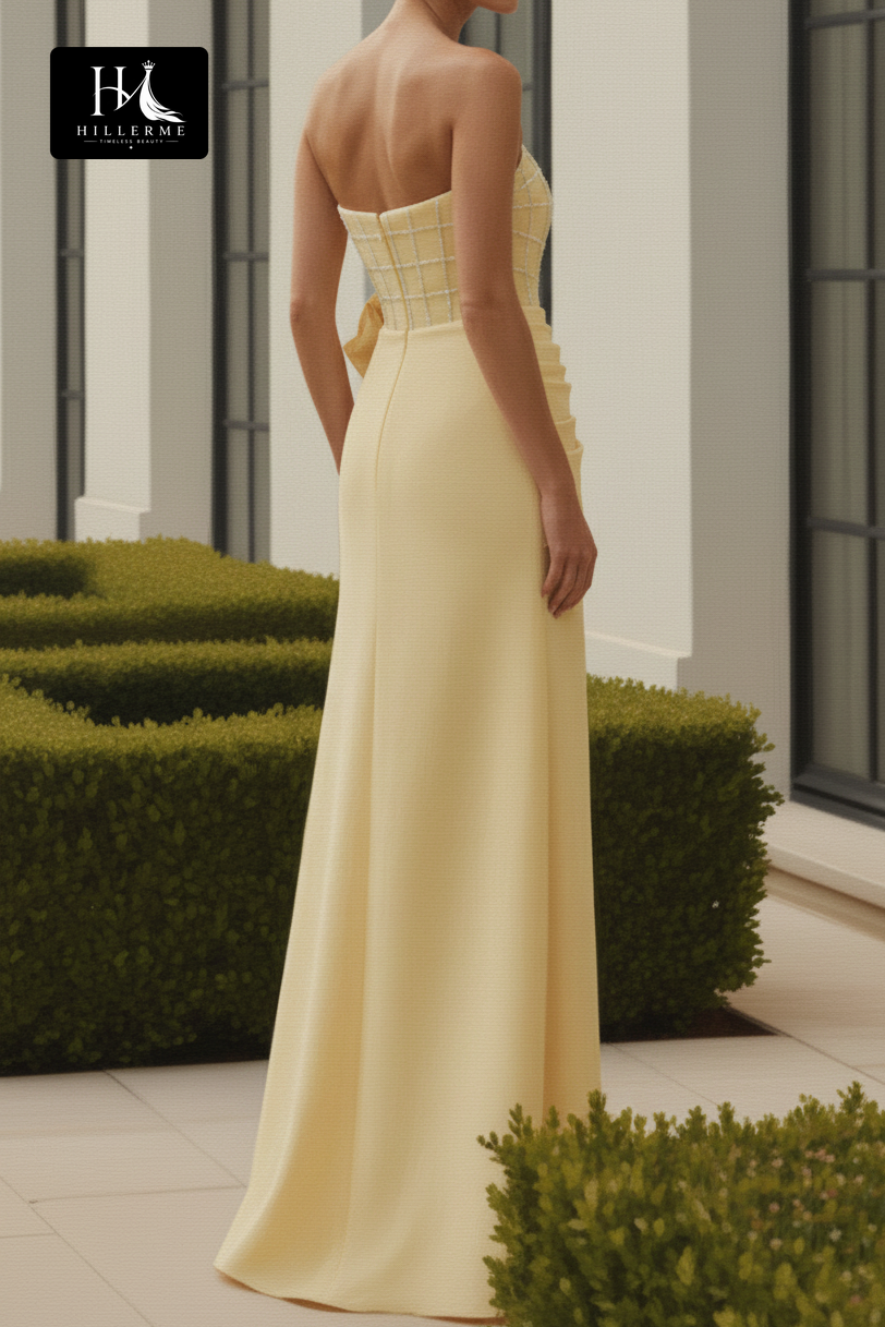 Elegant Strapless Gown with 3D Floral Accent and Pearl Embellishments