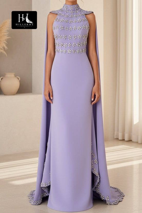 Lavender Beaded Gown with Side Drape and Open V-Back
