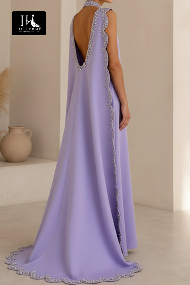 Lavender Beaded Gown with Side Drape and Open V-Back