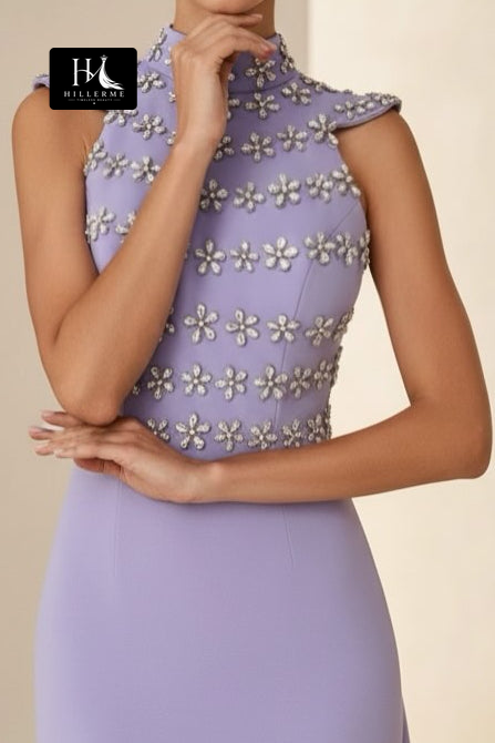 Lavender Beaded Gown with Side Drape and Open V-Back