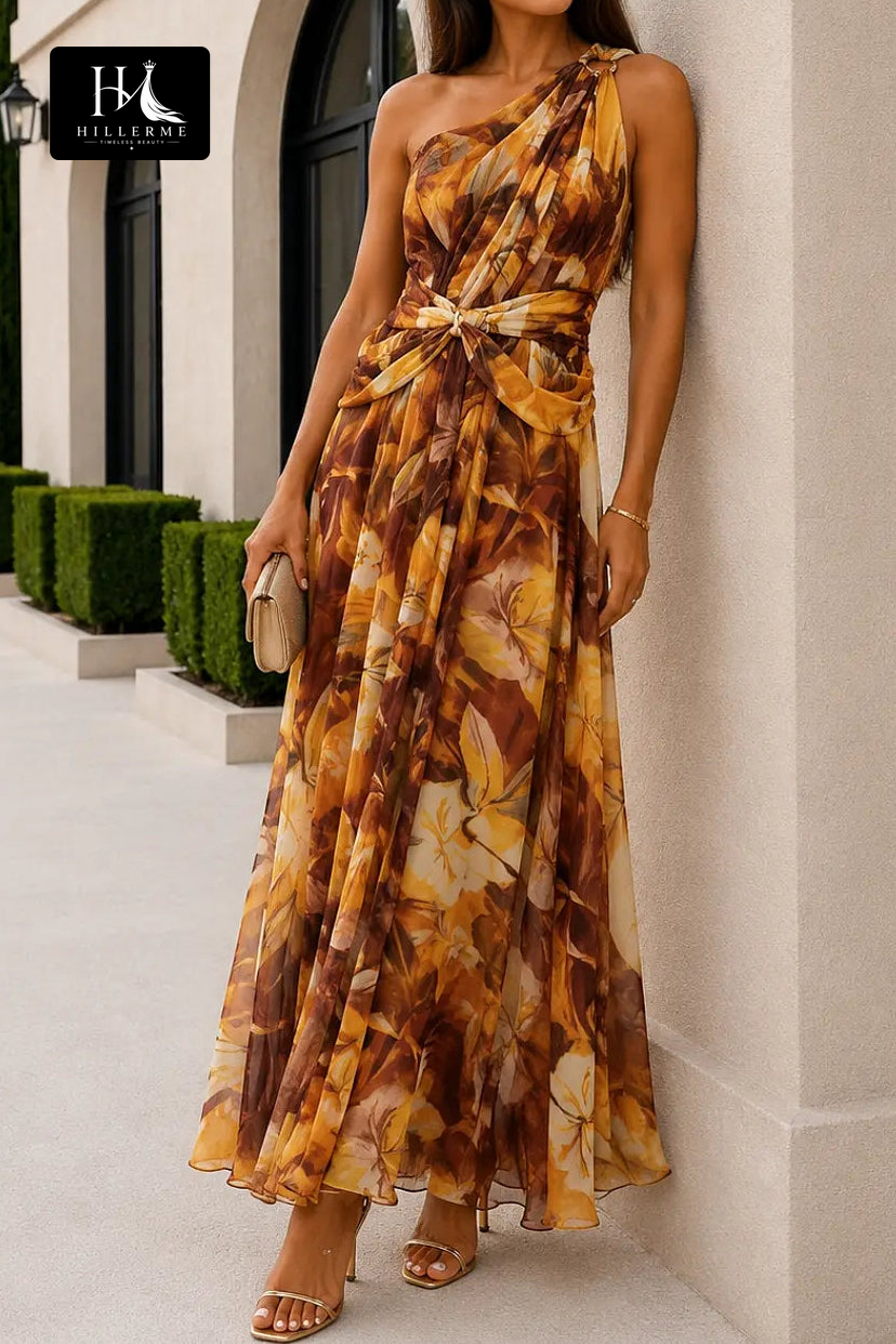 Elegant One-Shoulder Maxi Dress with Romantic Bowknot Waist Detail