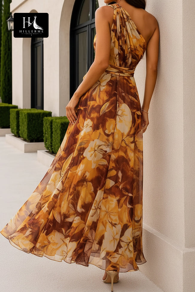 Elegant One-Shoulder Maxi Dress with Romantic Bowknot Waist Detail