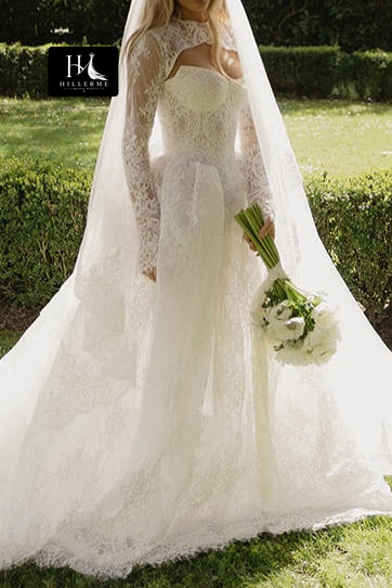 Sheer Lace Cut-Out A-Line Bridal Gown with High Neck and Sweetheart Corset