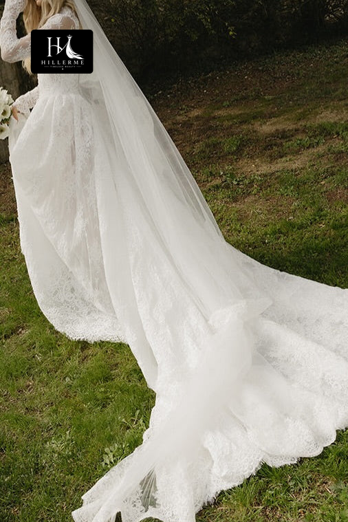 Sheer Lace Cut-Out A-Line Bridal Gown with High Neck and Sweetheart Corset