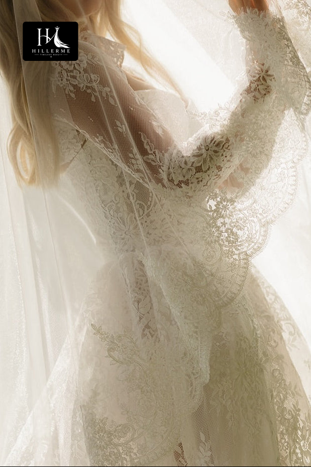 Sheer Lace Cut-Out A-Line Bridal Gown with High Neck and Sweetheart Corset