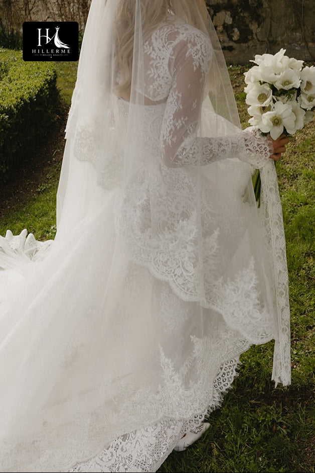 Sheer Lace Cut-Out A-Line Bridal Gown with High Neck and Sweetheart Corset