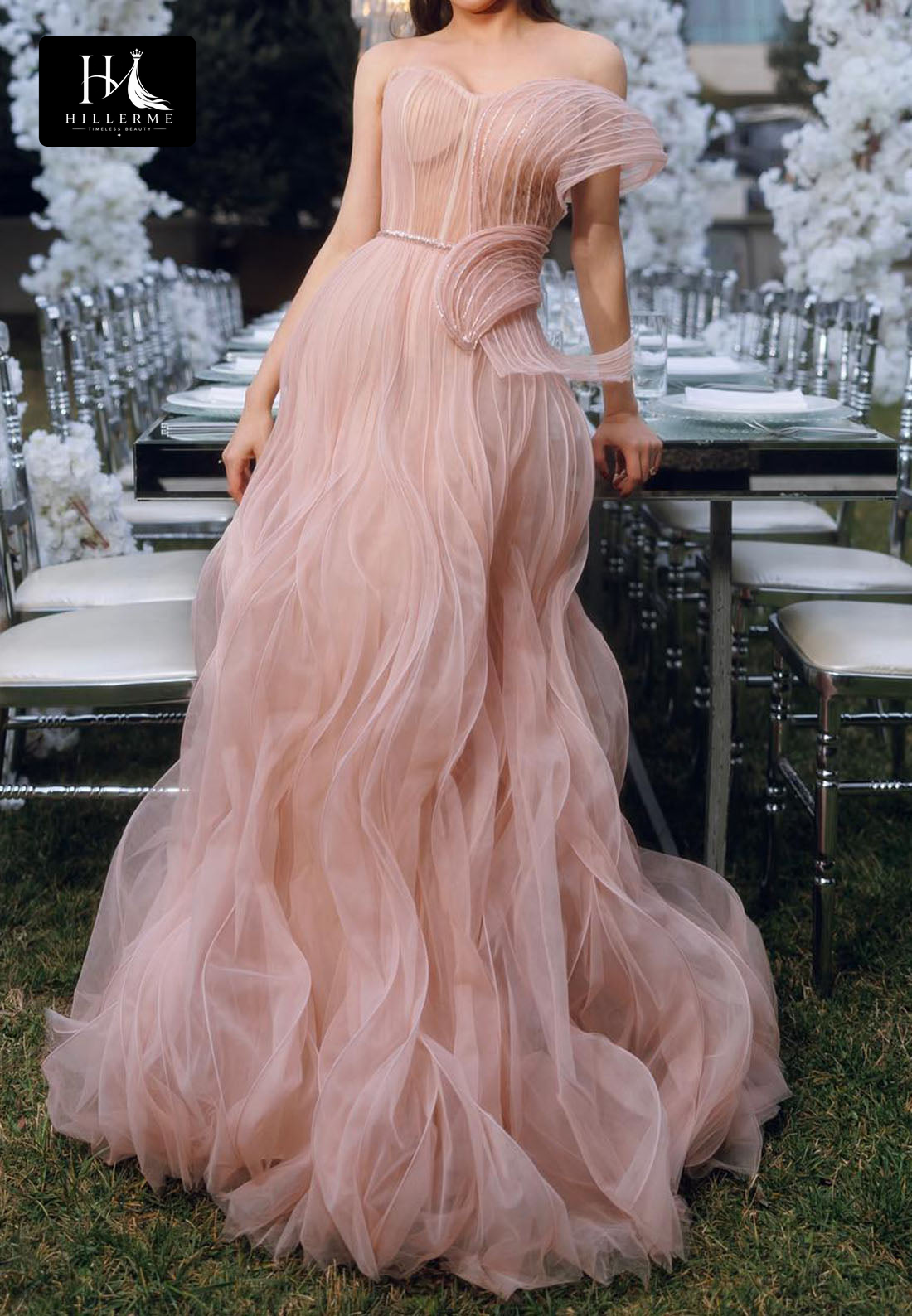 Sleeveless Off-Shoulder Pleated Tulle Bridesmaid Gown with Sequined A-Line Evening Silhouette