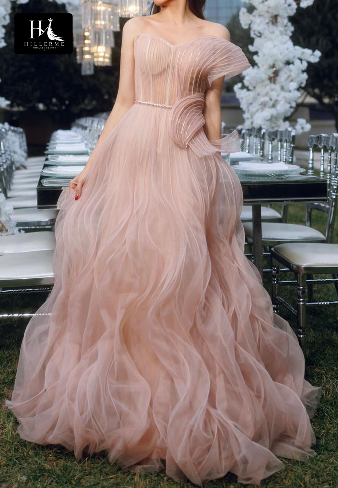 Sleeveless Off-Shoulder Pleated Tulle Bridesmaid Gown with Sequined A-Line Evening Silhouette
