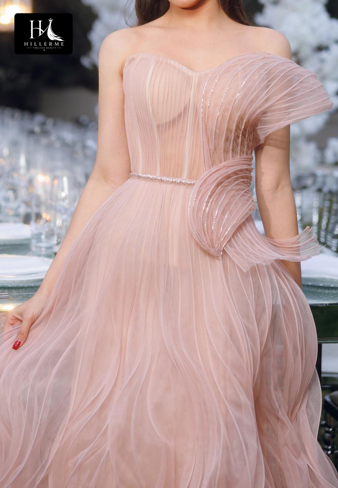 Sleeveless Off-Shoulder Pleated Tulle Bridesmaid Gown with Sequined A-Line Evening Silhouette