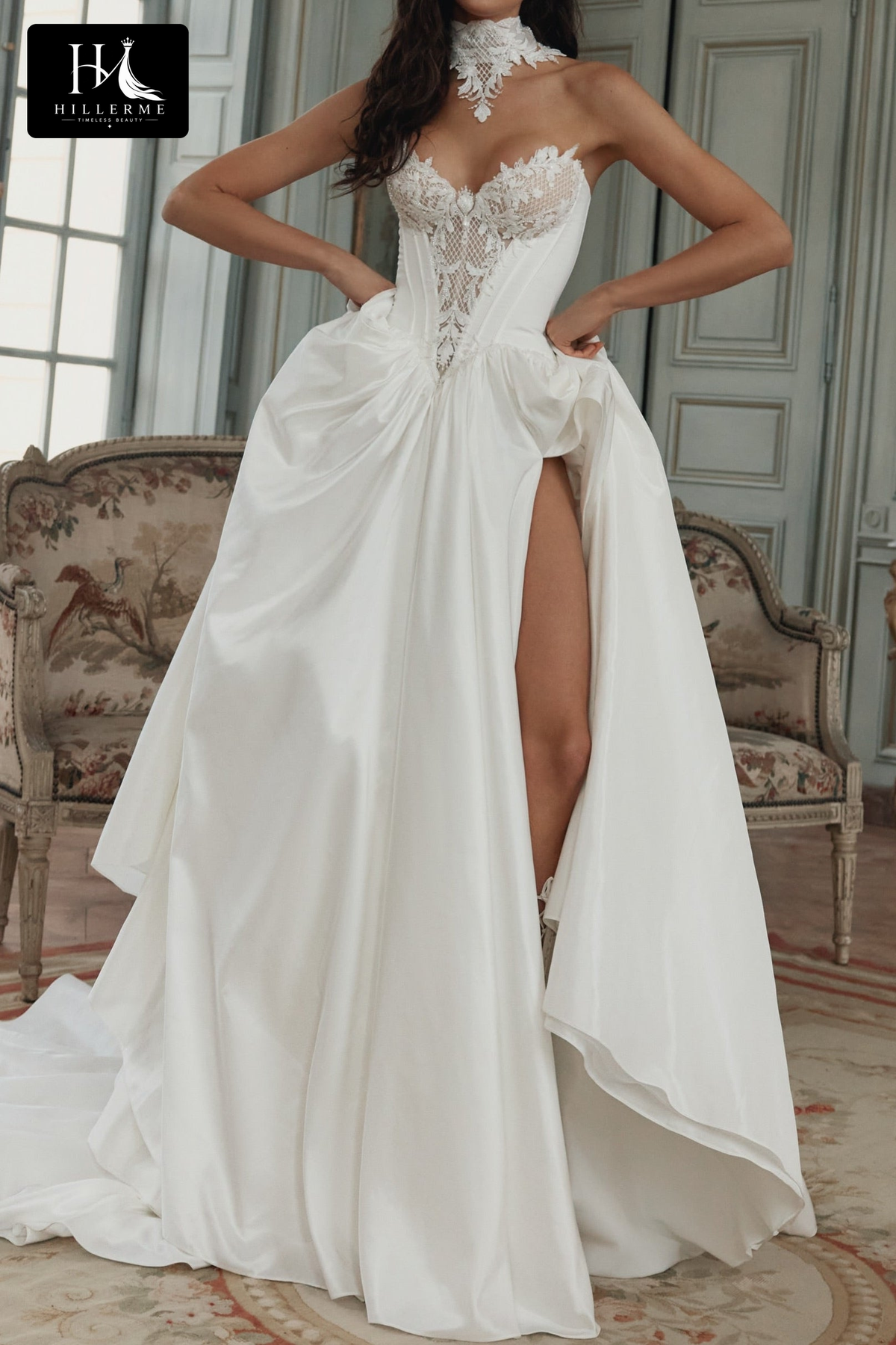 Strapless Corset Bridal Gown with High Slit and Chapel Train