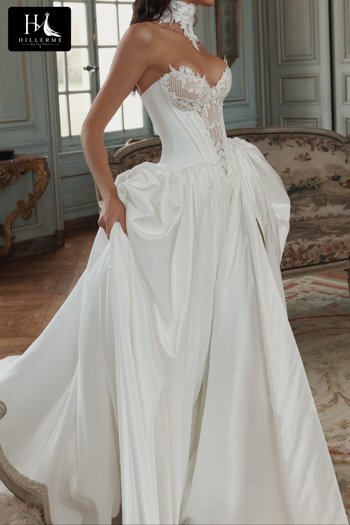 Strapless Corset Bridal Gown with High Slit and Chapel Train