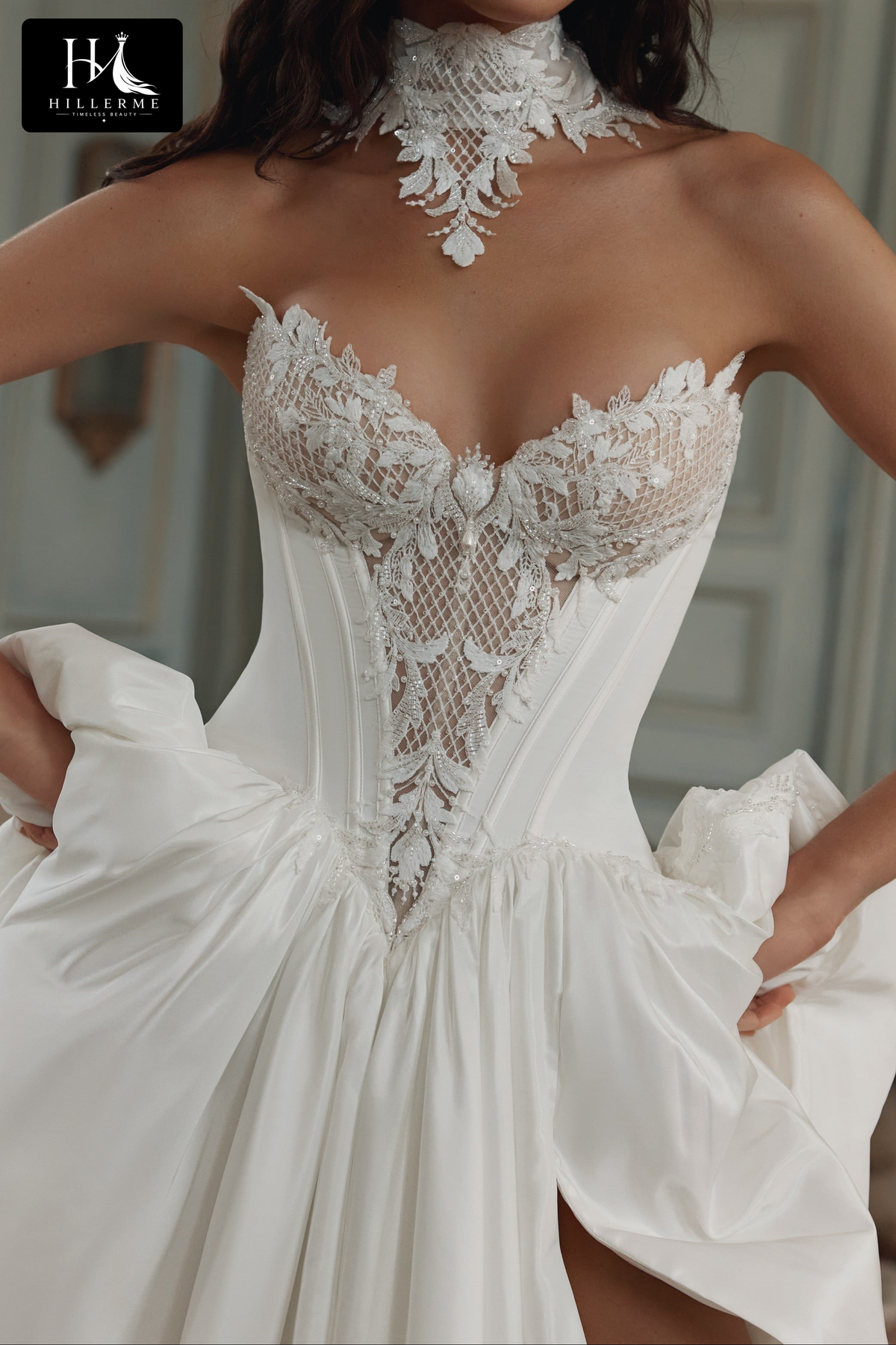 Strapless Corset Bridal Gown with High Slit and Chapel Train