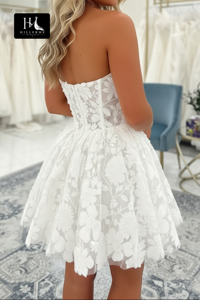 Strapless Mini A-line Bridal Gown with 3D Floral Lace Appliqués