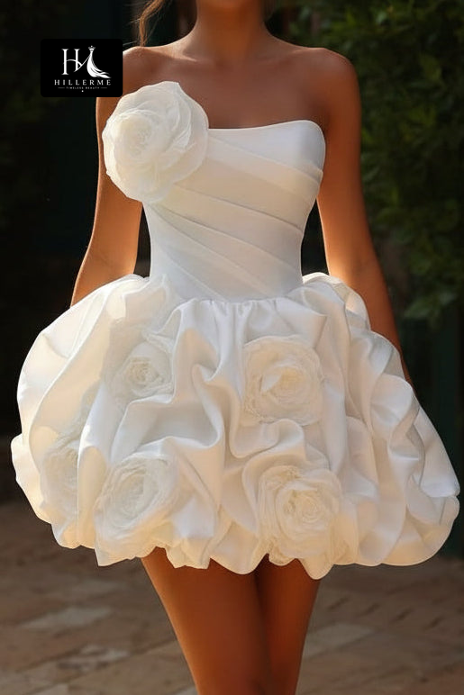 Strapless Mini Dress with 3D Floral Appliques and Ruched Bubble Skirt