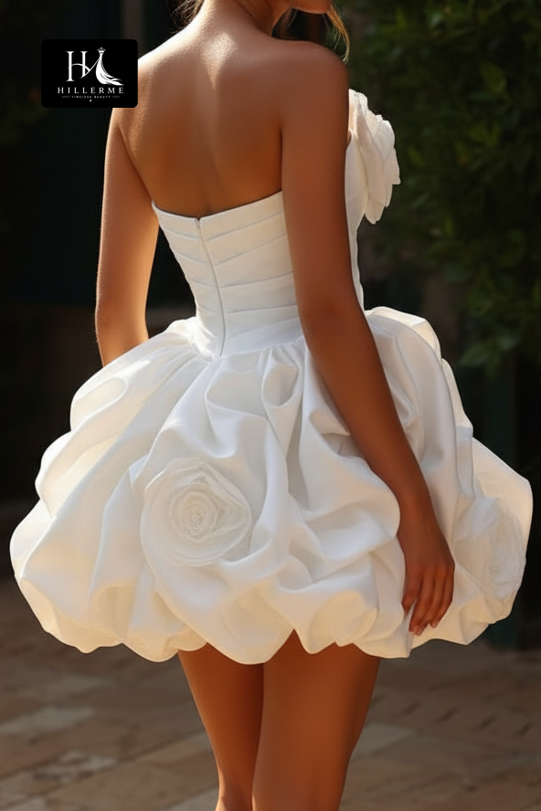 Strapless Mini Dress with 3D Floral Appliques and Ruched Bubble Skirt