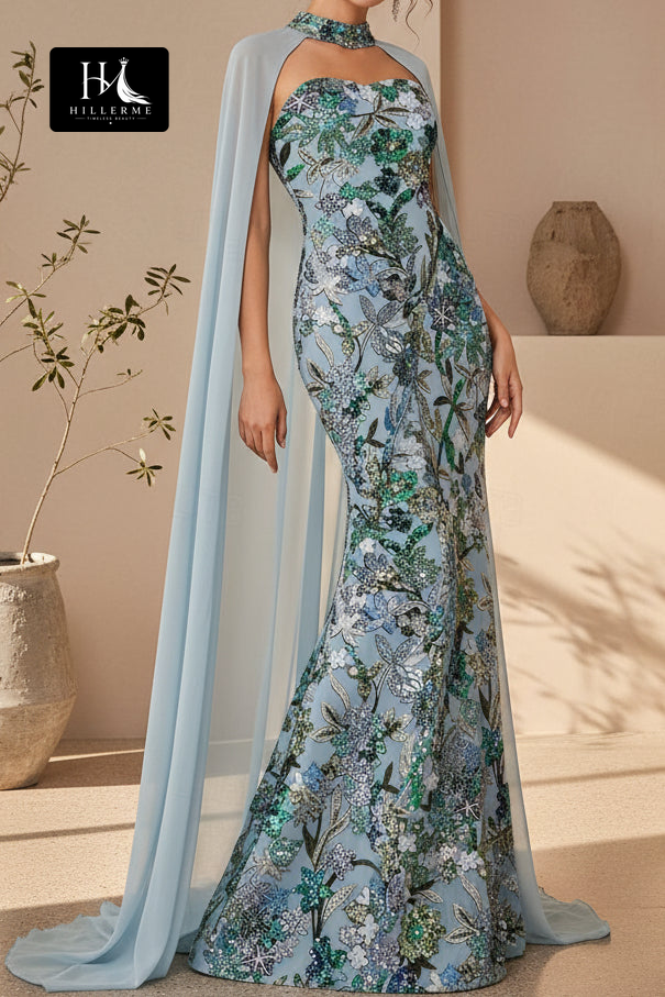 Floral Sequin Mermaid Gown with Chiffon Cape Detail