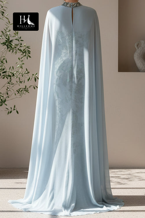 Floral Sequin Mermaid Gown with Chiffon Cape Detail