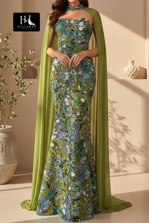 Floral Sequin Mermaid Gown with Chiffon Cape Detail