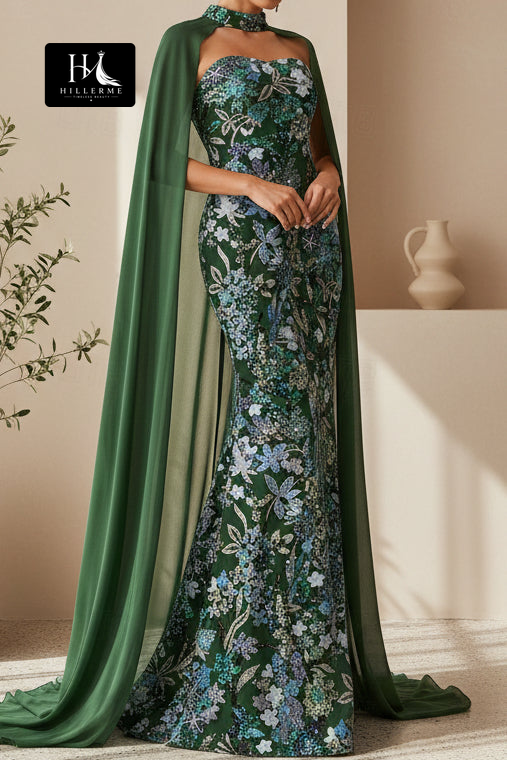 Floral Sequin Mermaid Gown with Chiffon Cape Detail