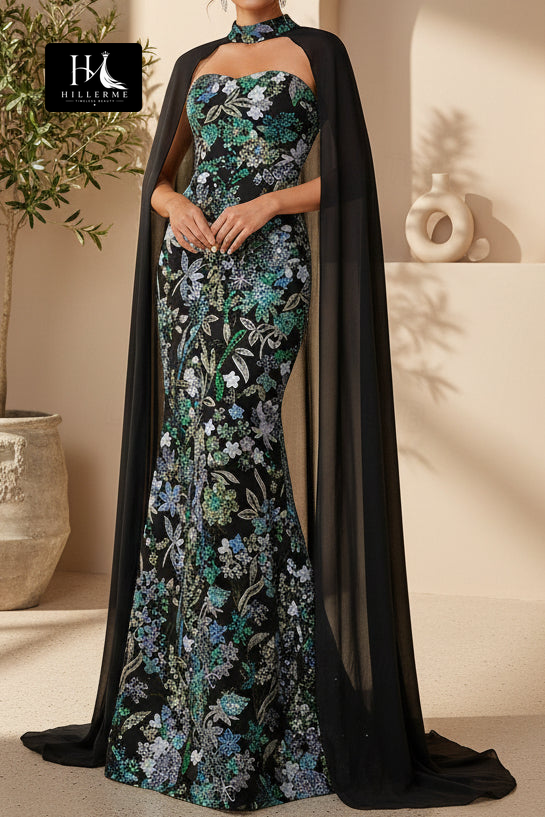 Floral Sequin Mermaid Gown with Chiffon Cape Detail